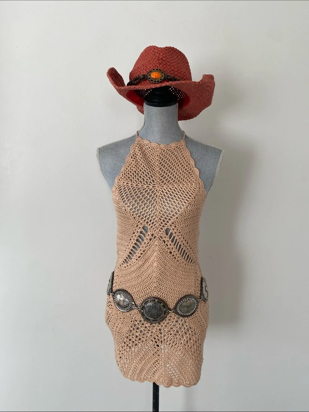 Forever 21 Beige Crochet Knit Halter Mini Dress Swim Coverup Beach Festival
